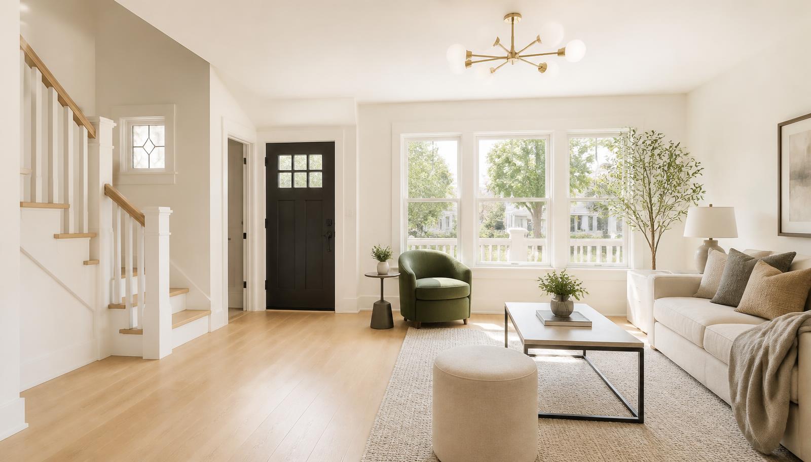 The finished living space after renovation, staged and ready for exit